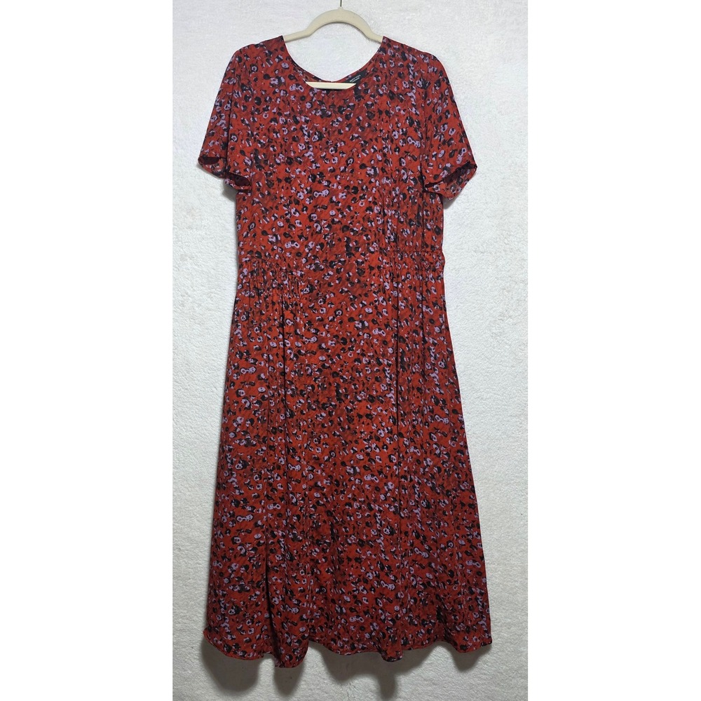 Simply Vera Vera Wang Red Abstract Floral Midi Dress XL Short Sleeve Elastic